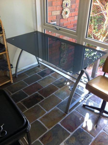 Work / home / study desk - tempered smoke glass with steel frame
