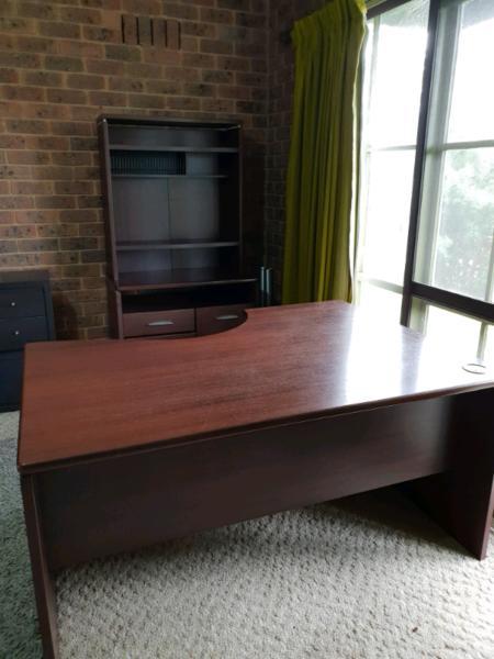2 L-Shaped dark wooden desks with matching bookcases $160 per set