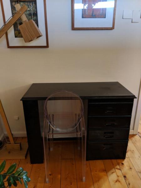 Small study desk and replica ghost chair