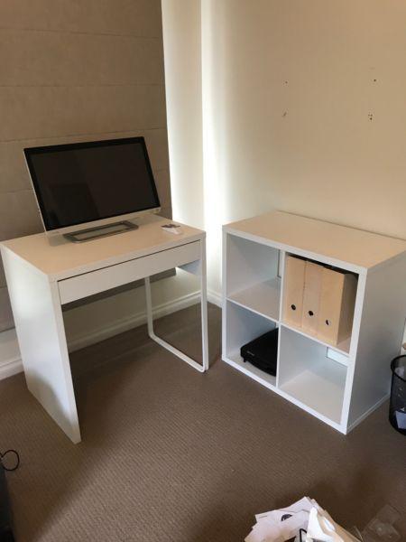 Office works desk and 4 square storage white