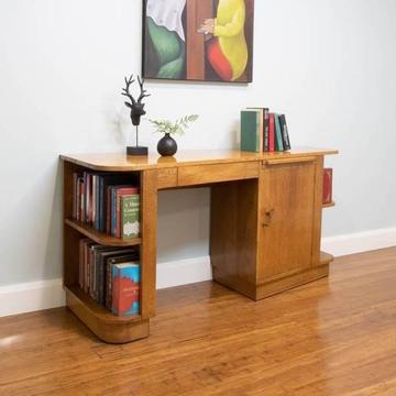 Retro Mid Century Modern Angular Oak Desk - Open Bookshelves