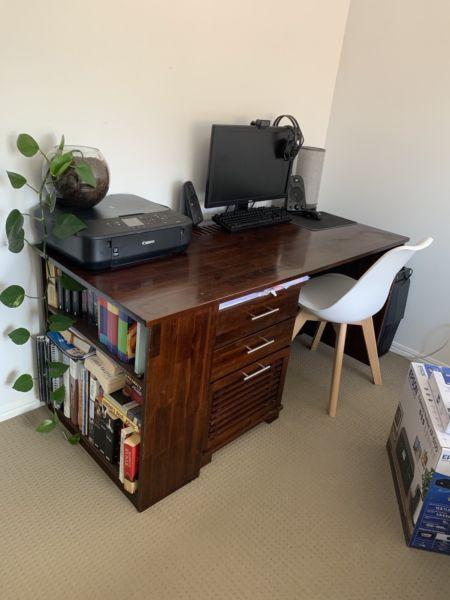 Timber desk with side book shelf and filing cabinet