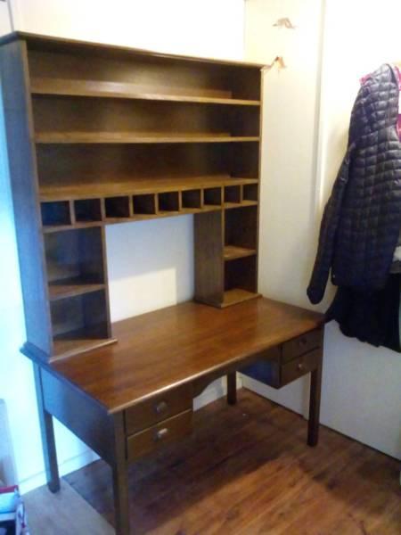 Restored timber desk with shelving