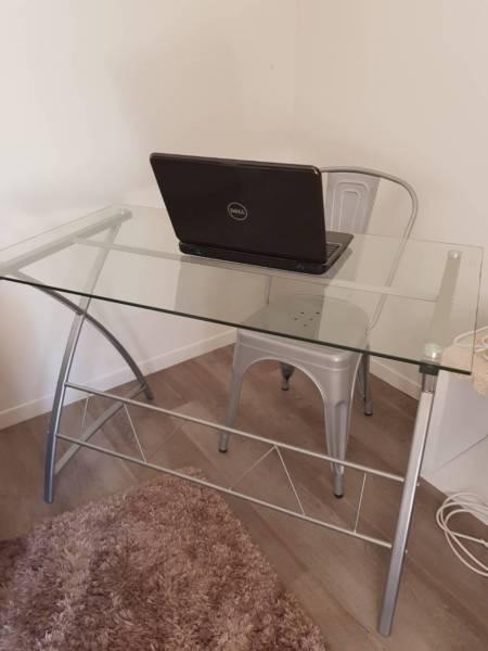 Glass and metal writing desk and chair, excellent condition