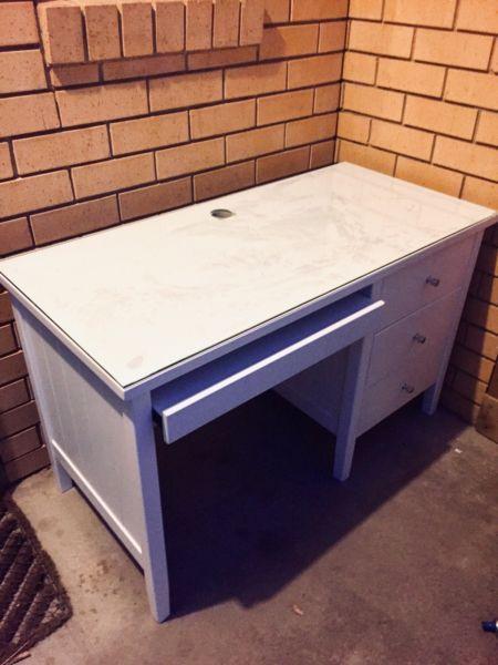 White Study Desk with 3 draws and glass top