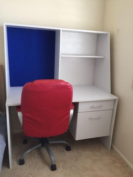 Desk, complete with shelf, drawers and desk chair