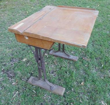 Antique School Desk - Timber Top with Decorative Metal Legs