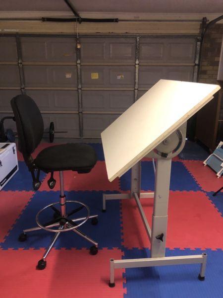 Art/Drafting adjustable table and adjustable chair