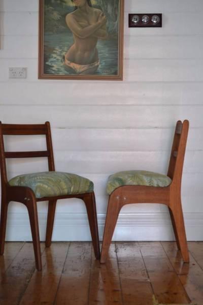 Vintage Mid century wooden chair tropical fern fabric