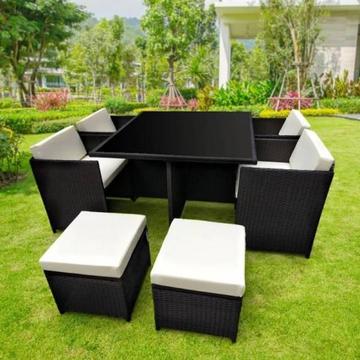 9pc PE Rattan Cube Dining Garden Set - Black/Brown