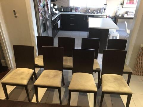 Set of 8 dinning chairs in dark brown and suede