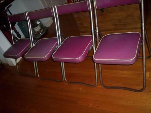 Retro Set of 4 Folding Chairs. Vinyl Seats. Tubular Steel Frames