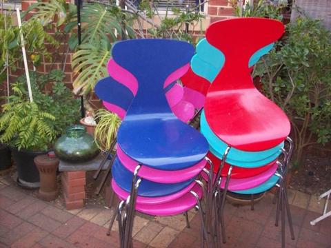 Set of 11 Outdoor Stackable Chairs. Various Colours