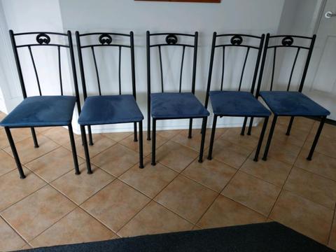 5 wrought iron chairs, dinning chairs. Blue suede
