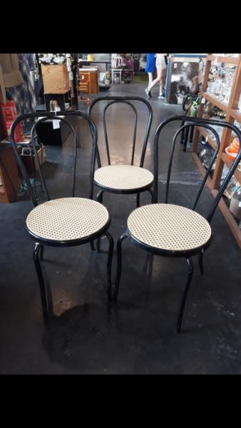 3 bentwood style metal and plastic rattan chairs