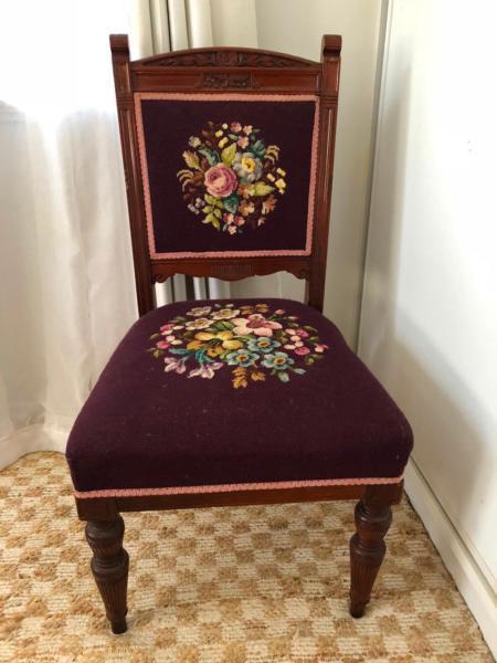 Six vintage timber dining chairs (w tapestry detail)