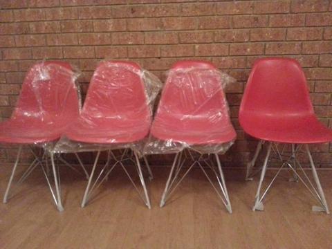 4x Brand New Red Eames Chairs with Chrome Legs