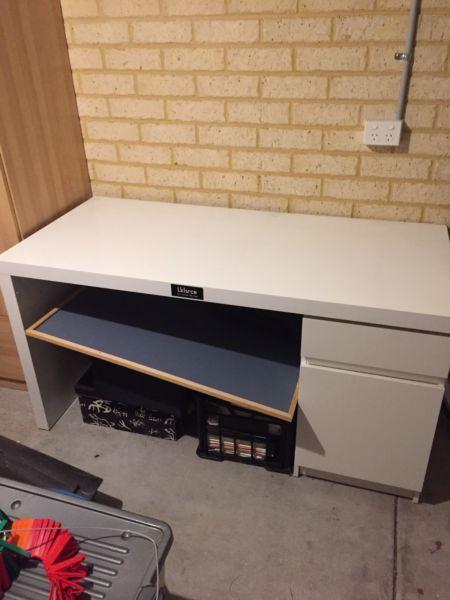 White desk with drawer and cupboard