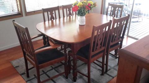 Silky oak dining table 5 chairs and carver
