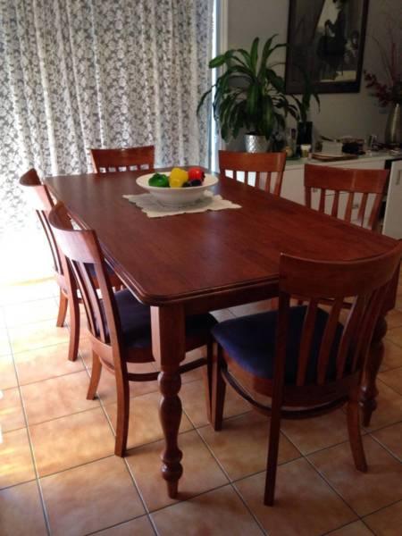 DINING TABLE SOLID WOOD AND SIX NAVY SUEDE SEATED CHAIRS FOR SALE