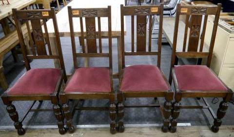 4 Vintage Sheraton Style Timber Carved Back Velvet Dining Chairs