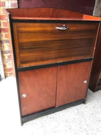 Vintage writing desk cabinet timber veneer. From England. Drop