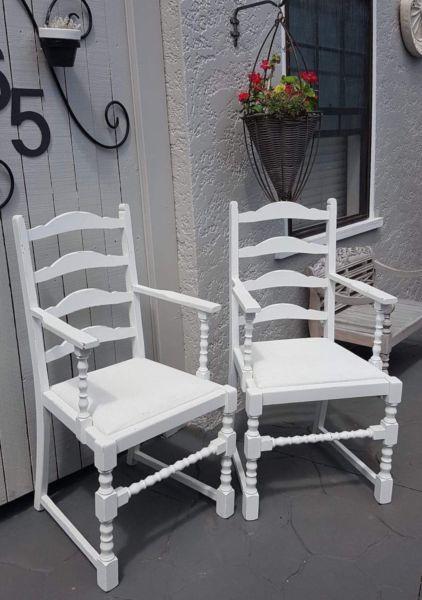 Matching pair of beautiful hand painted white carver chairs