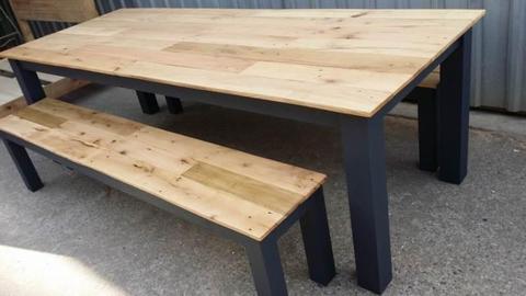Custom dining table and benches with recycled wood tops