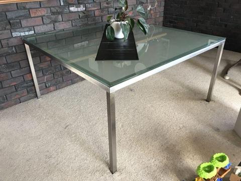 Glass Square Table Stainless Steel Legs 8 Seater