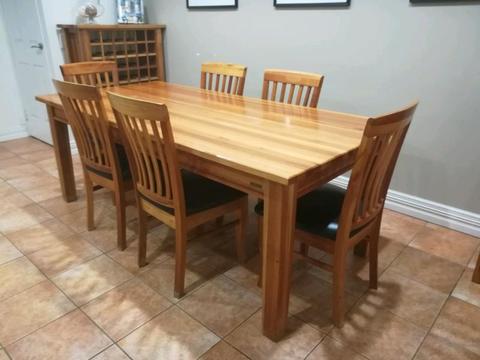 Solid Timber Dining Table with 8 chairs, wine cabinet, sofa table
