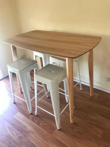 Tall oak dining table & 4x cream stools