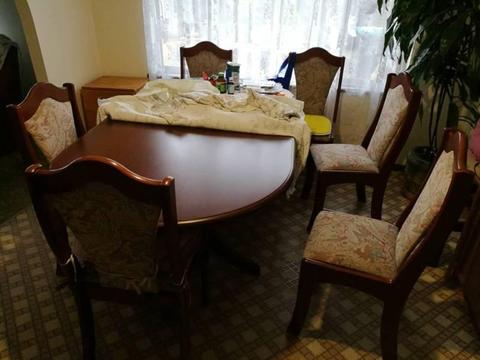 Solid timber table with 6 fabric-top chairs for cheap sale - $250