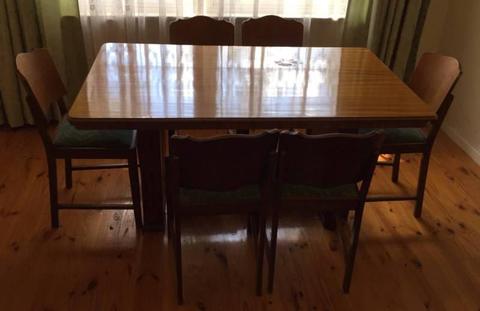 Vintage Laminate Wooden Table and 6 Green Chairs