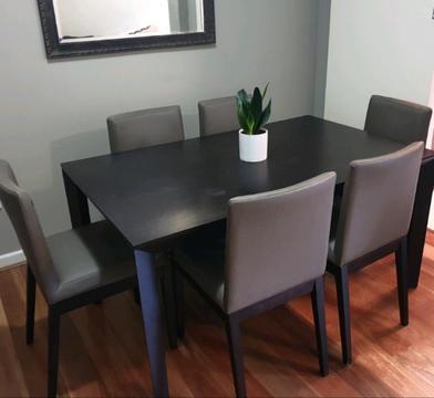 6 seater Dark Wood Modern Dining Table, 6 Chairs