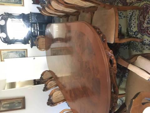 11 piece Italian Antique Style Olive Inlay Table with 10 Chairs