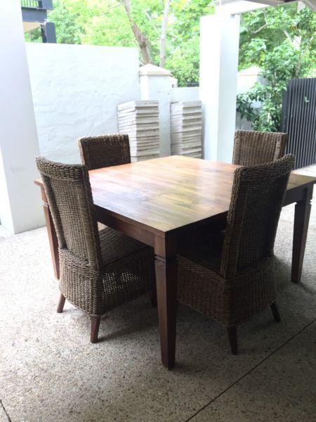 Rustic teak square dining table with 4 sea grass chairs