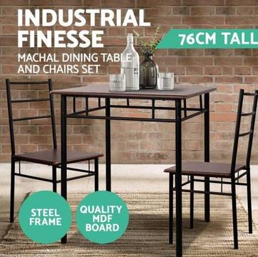 Dining Table and 2 Chair Set Retro Industrial Wooden Frame Desk