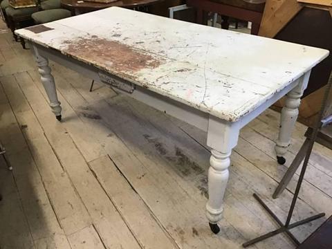 Vintage Old Farmhouse Dining Table Desk Drawer Castors Shabby