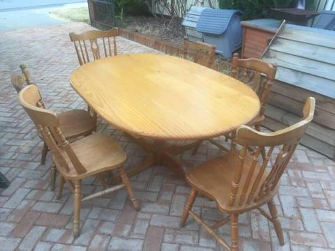 Old Oval Pine Table with 6 Odd Chairs