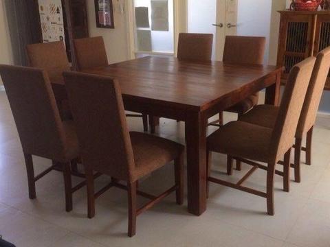 Large square dining table and 8 chair set