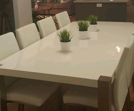 White Gloss Dining Table with Eight Chairs
