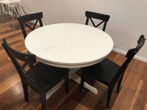 Ikea White Extendable Ingatorp Dining Table and Black Ingolf Chairs