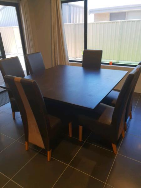 Square dining table with 6 leather chairs