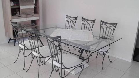 Glass dining table, six chairs and more
