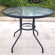 Brand New round garden table, outdoor, glass top 90cm dia