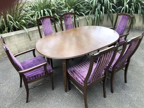 T H Brown Dining Table and Purple Velvet Chairs