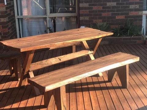 Hand made rustic timber table and chairs $350