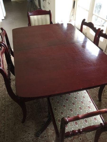 Period Dining Extension Table, 6 chairs carver, brass claw feet