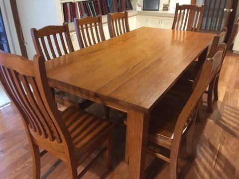 Solid Tasmanian Oak dining table and 8 matching chairs