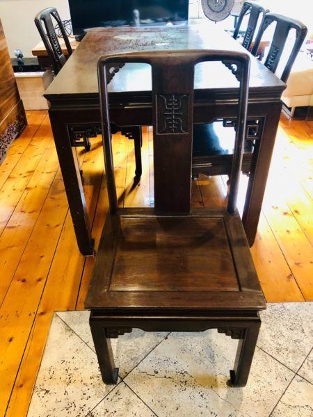Chinese style solid timber table and 4 matching chairs